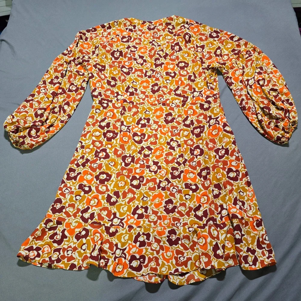 Cabi Button Front Dress Women L Orange Floral Ruffle Hem Balloon Sleeve 4238